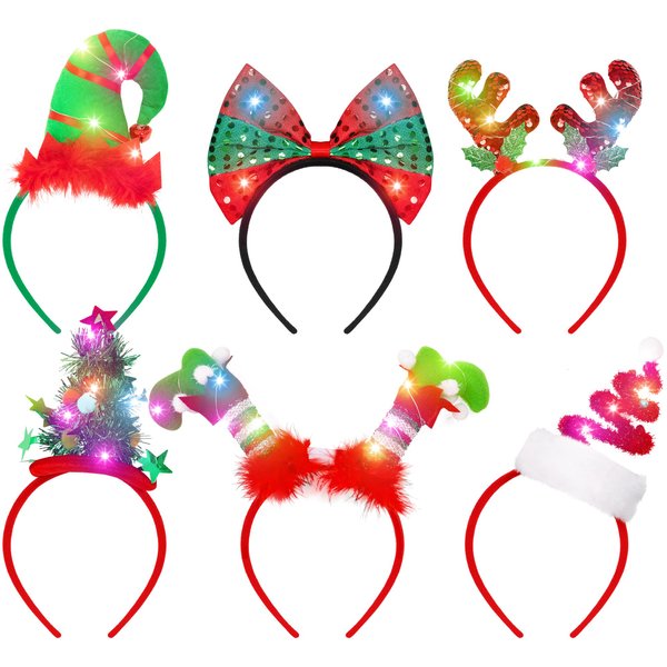 6 PCS Light Up Christmas Headband, LED Lights Christmas Headwear, Reindeer Antler Santa Hat Christmas Tree Leprechaun Hat Bow Hair Hoop for Xmas Holiday Party Favors Adults Kids Christmas