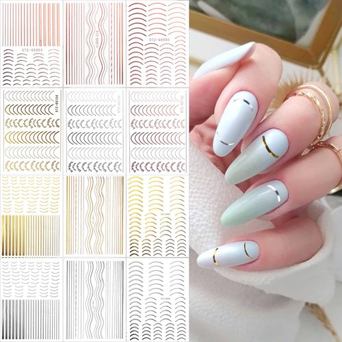 EBANKU 12 Sheets Gold Silver Metal Nail Stickers, Metallic Curve Strip Line Nail Decal Self-Adhesive 3D Wave Design DIY Decoration for Women Girls