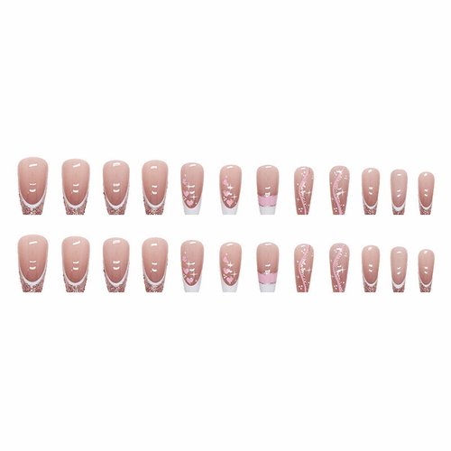 MISUD Press on Nails Long Coffin Fake Nails Glossy Glue on Nails Pink Acrylic Nails Ballerina Artificial Nails Bling Glitter French Tip Stick on False Nails with Desgin 24 pcs