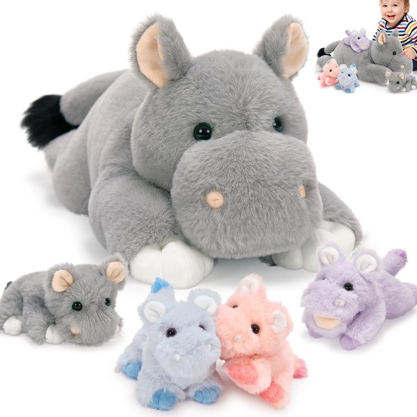 Tezituor Hippo Stuffed Animals Set, 16''Soft Mommy Hippo Plush with Baby Hippo Toys for Girl Boy, 5Pcs Stuffed Hippo Gift for Kids, Cute Stuffed Hippopotamus Plush Pillow for Birthday Christmas Decor