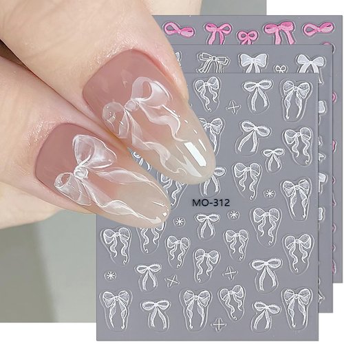 Bow Nail Stickers for Nail Art Bow Nail Decals 3PCS Self-Adhesive 5D Embossed White Pink Bow Tie Nail Art Design Stickers Supplies Gel Nail Stickers for Women Girls DIY Manicure Nail Art Decorations
