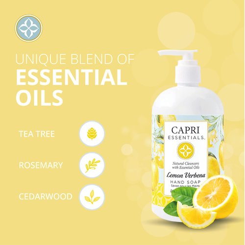 CAPRI ESSENTIALS Lemon Verbena Natural Hand Soap – Liquid Hand Soap with Essential Oils – Plant-Based Liquid Soap – Chemical-Free Hand Wash Soap – Relaxing Natural Soap for Men & Women (16 oz)