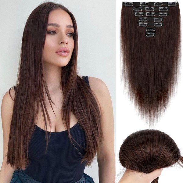 Yekartary Clip in Hair Extensions Real Human Hair 100% Remy Hair 18inch 7PCS Straight Hairpieces Clip-ins for Women Dark Brown