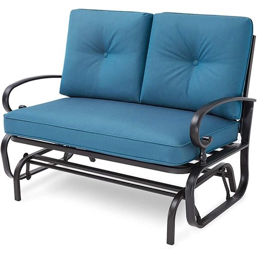 Omelaza Patio Bench, Porch Glider Outdoor Swing Glider Rocking Loveseat, Steel Frame Chair with Thick Cushion (Peacock Blue)