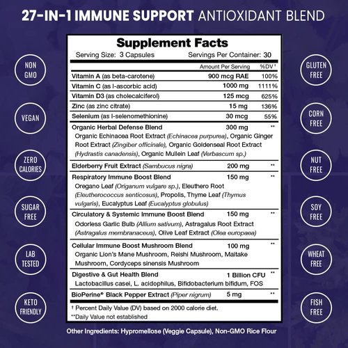 27 in 1 Immune Support Supplement | Antioxidant Immune Boosters for Adults | 90 Immune Defense Capsules | 1000mg Vitamin C, 5000 IU D3, Elderberry, Zinc, 1 Billion CFU Probiotics & More (2 Pack)
