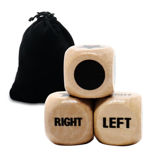 Buffsiss Left Right Center Game Dice 16mm Wooden Dice with Drawstring Bag,Standard Size 6 Sided for Left Right Center Game Dice Accessorie,Easy to Store and Carry (Upgraded 3 Pcs dice)