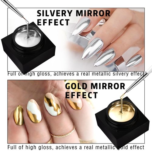 HOSAILY 2x8ml Metallic Painting Gel Kit, Mirror Silver Gold Gel Nail Polish, Super Glossy Shine 3D Metal Painted Gel, Mirror Chrome Effect Nail Art Soak Off UV/LED DIY Nail Manicure Drawing Decoration