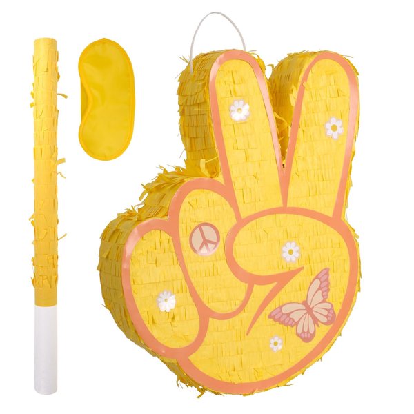 Two Groovy Pinata - Groovy Pinata with Blindfold and Bat for Kids Groovy Hippie Theme Birthday Party Game Decorations (16”x12”x3”)