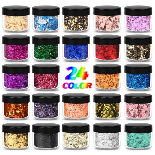 Mingjieus Gold Foil Flakes, 24 Color, Metallic Foil Flakes, Gilding Flakes, Gold Leaf Flakes, Gold Flakes for Resin, Nails, Painting, Crafts