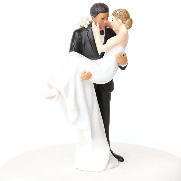 Wedding Collectibles Interracial Wedding Cake Toppers Bride and Groom | African American Groom Holding Caucasian Bride | Unique Interracial Cake Topper Figurine | Fine Porcelain | 6 Inches