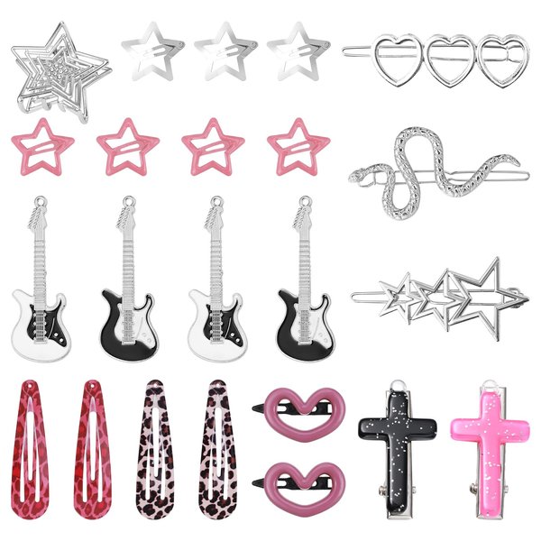 FRIUSATE 22 Pcs Y2k Pink Hair Clips Set Kawaii Hair, Love Star Cross Hair Clip Diy Handmade Accessories Guitar Pendant, Star Claw Clip Hairpin Snake Hair Clip, for Girls Hairstyle Accessory Gifts