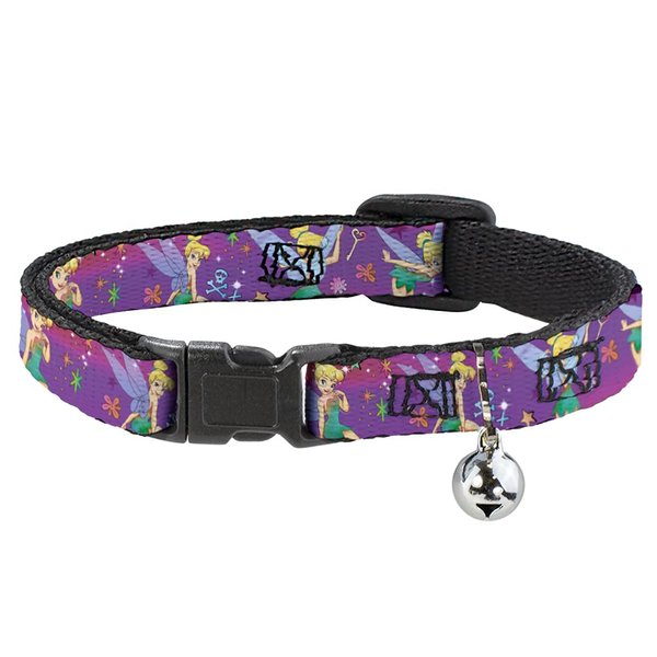 Cat Collar Breakaway Tinker Bell Poses Flowers Stars Skull Purple 8 to 12 Inches 0.5 Inch Wide