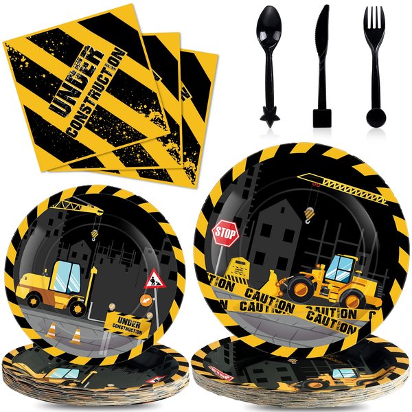 Funrous 150 Pcs Construction Birthday Party Supplies Construction Plates and Napkins Tablecloth Sets Truck Theme Birthday Decorations for Boys Kids Birthday Tractor Dump Decorations, Serves 24 Guests