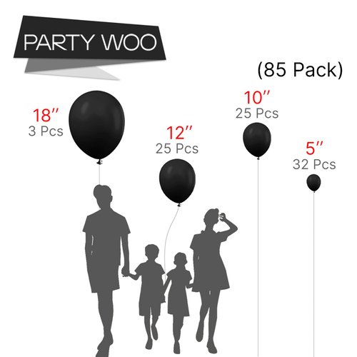 PartyWoo Black Balloons, 85 pcs Matte Black Balloons Different Sizes Pack of 18 Inch 12 Inch 10 Inch 5 Inch Black Balloons for Balloon Garland Balloon Arch as Birthday Party Decorations, Black-Y18