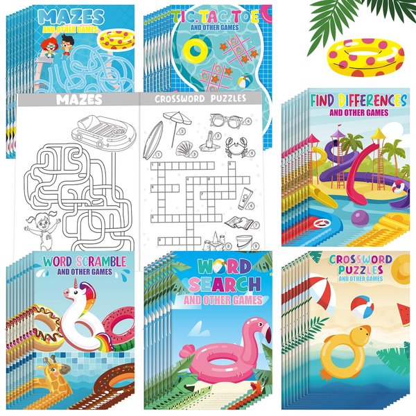 Hungdao 48 Pcs Mini Activity Books for Kids, Mini Fun Games Challenging Activities, Mazes, Word Search, Word Scramble, Find Difference and More for Party Classroom Gifts Bag (Summer Pool)