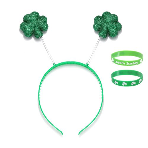 JONKY 3Pcs St Patricks Day Headband Clover Bracelet Set Green Headbands with Shamrocks Irish Clover Hair Band Saint Patrick's Hair Accessory for Women and Girls