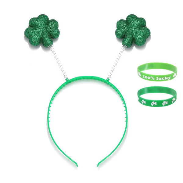 JONKY 3Pcs St Patricks Day Headband Clover Bracelet Set Green Headbands with Shamrocks Irish Clover Hair Band Saint Patrick's Hair Accessory for Women and Girls