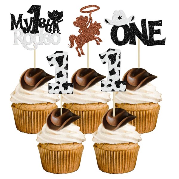 24Pcs Cowboy 1st Birthday Cupcake Toppers Glitter First Birthday Hat Cowboy One Cake Decorations for Western Theme Baby Shower Kids Boys 1st Birthday Party Supplies White