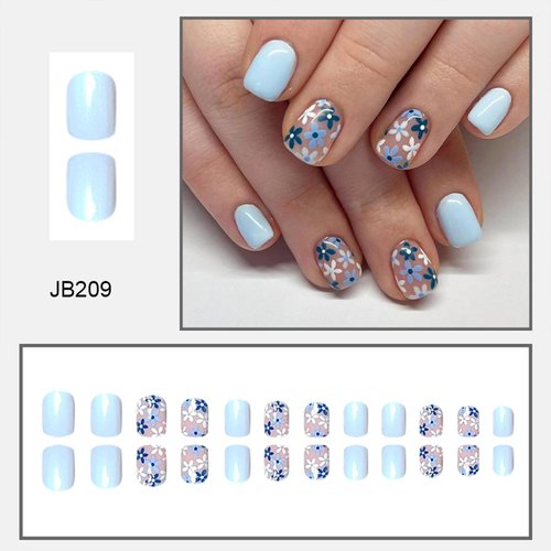 Tyuimhx Blue Flowers Press on Nails Square Short Fake Nails Light Blue False Nails Glossy Full Cover Stick on Nails Acrylic Spring Floral Artificial Nails for Women Girls Glue on Nails 24Pcs