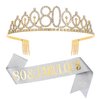 "80 & Fabulous"Sash & Rhinestone Tiara Set, 80th Birthday Gifts for Women, Sliver Gold Birthday Sash/Tiara for Women's 80th Birthday Party Decoration (Sliver 80th)