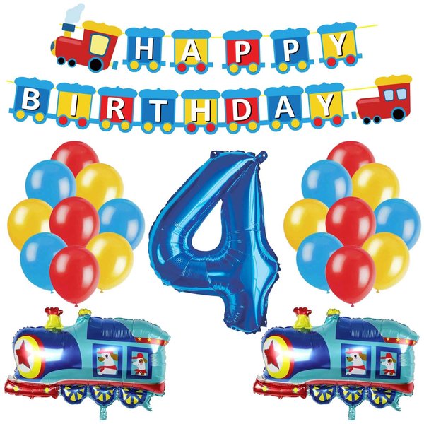 JOPARY Train 4th Birthday Decorations Boys Train, 4 Years Old Birthday Party Supplies With Number 4 Foil Balloons Train Birthday Banner,Latex Balloons For Kids Train Birthday Party Decoration