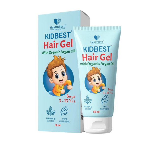 HealthBest Kidbest Hair Gel for Kids Hair Styling, Made with Organic Argan Oil, Kertine & Moringa Oil, Hair Growth, Damaged Hair, Tear, Paraben, SLS free, 50ml