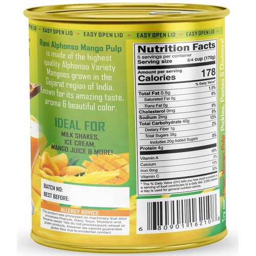 Rani Mango Pulp Puree (Makes Mango Lassi Shakes) Alphonso Sweetened 30oz (1.875lbs) 850g ~ Kosher | All Natural | NON-GMO | Vegan | No colors | Gluten Friendly | Indian Origin