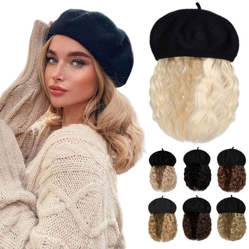 Lansigreen Berets Hat with Hair Extensions Classic Stretchable Wool French Solid Cap Attached Short Curly Bob Synthetic Hairpiece Wig Hat for Women Bleach Blonde
