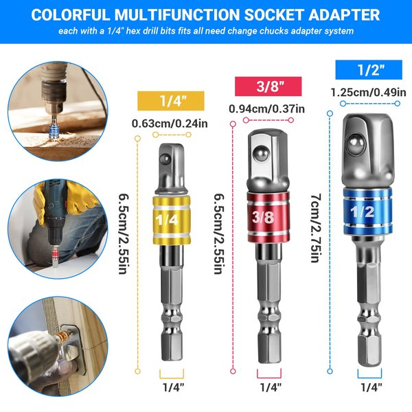 Flexible Drill Bit Extension Set 19pcs, Hex Shank 105°Right Angle Drill Attachmen, 3pcs 1/4 3/8 1/2" Universal Socket Adapter Set, 3pcs Drill Bit Holder Extension and Screwdriver Bit Kit