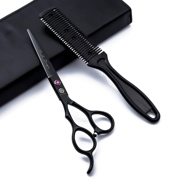 6.0 inch Black Left Handed Hair Cutting Scissor Set with Multifunctional Thinning Comb, Leather Scissors Case, Hair Cutting Shears for Mancinism Hairdresser or Home Use