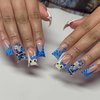 BABALAL Duck Nails Press on Blue French Fake Nails Y2K Cute Cat Design Glue ons Nails Bling Planet Charm Acrylic Nails 24Pcs Summer False Nails