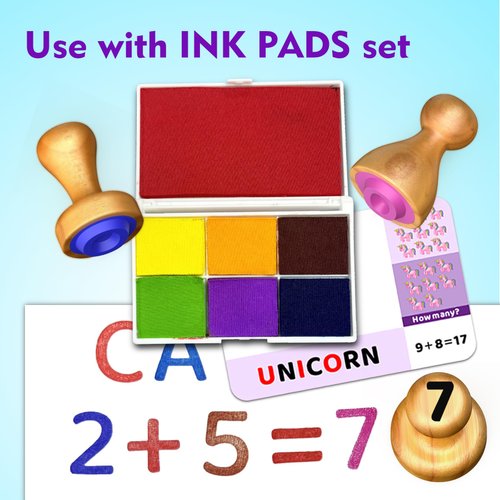 flycoost Wooden Alphabet Number Stamp Ink Pads Set for Kids, Montessori Learning Toys for 3, 4, 5 Year Olds,ABC Spelling Letter Number Stampers Flashcard Toys Preshcool Arts and Crafts Supplies