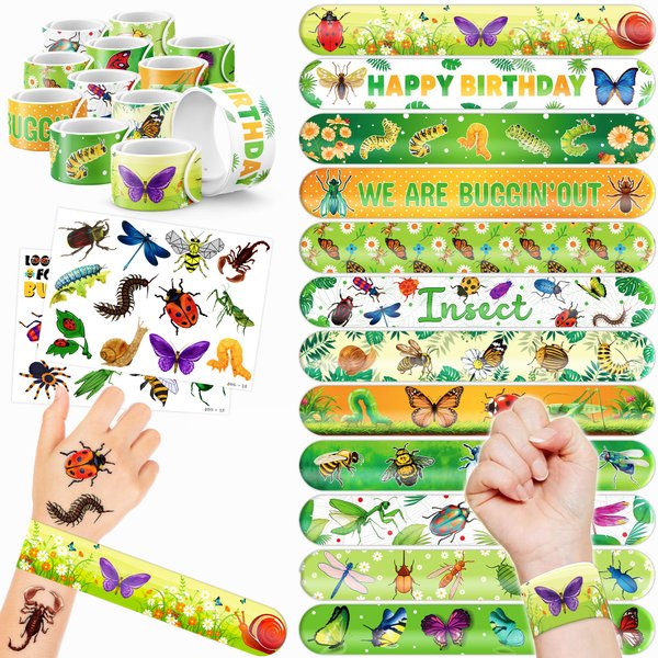 Cherisnowy 48 Bug 24PCS Bug Temporary Tattoos Sticker 24PCS Slap Bracelets Perfect for Themed Birthday Party Favors Baby Showers or Classroom Rewards Ideal Decor and Gifts for Girls and Boys
