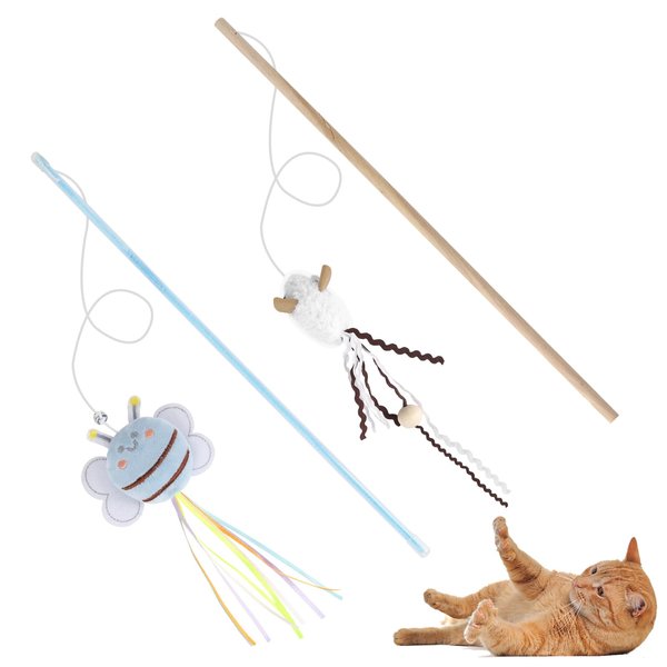 NOWFRESH Cat Wand Toy Set, 2 PCS Interactive Cat Teaser Wands with Cute Bee & Mouse Designs, Equipped with Bells and Streamers to Captivate Your Cat’s Attention