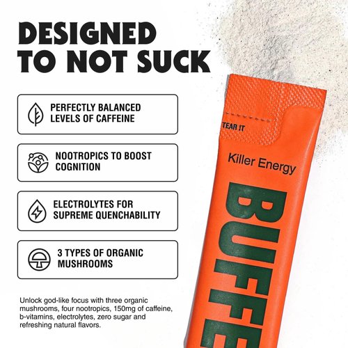 BUFFED Energy Powder Stick Packs, Drink Mix | Clean, Healthy Boost Packets | 150mg Caffeine + Hydration | Nootropics, Organic Mushrooms, B-Vitamins, Electrolytes | 30 Pack-Pineapple Thrash