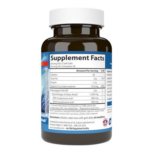 Carlson Super Omega-3 Gems, Norwegian, 1,200 mg Omega-3s, 100 Soft Gels