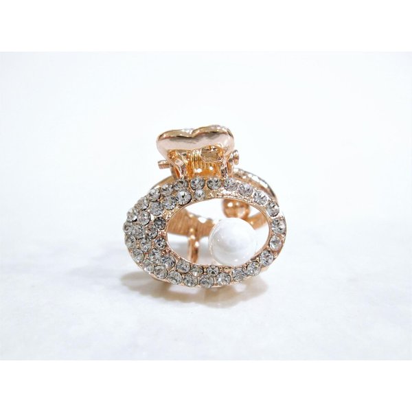 Small mini rose gold oval shaped hair claw clip with pearl and crystals