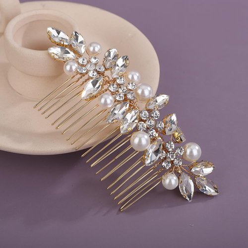 Teyglen Gold Bride Crystal Wedding Hair Comb Bridal Flower Hair Comb with Rhinestone Pearl Hair Piece for Party Prom Hair Accessories Dainty Hair Side Comb