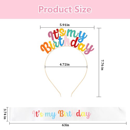 BAHABY Birthday Crowns for Women, It's My Birthday Sash & Birthday Headband Set Princess Birthday Sash and Tiara Sweet Happy Birthday Accessories for Party- Multi-colored