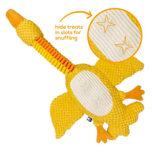 Pawty Dog Toys - Duck Neck Feeder Dog Toy - Hide and Sniff Treats in Neck - Goose Plush Snuffle Toy with Squeaker - Small to Medium Dog - Durable Tug of War - Puppy Chew Toy for Teething/Stimulation