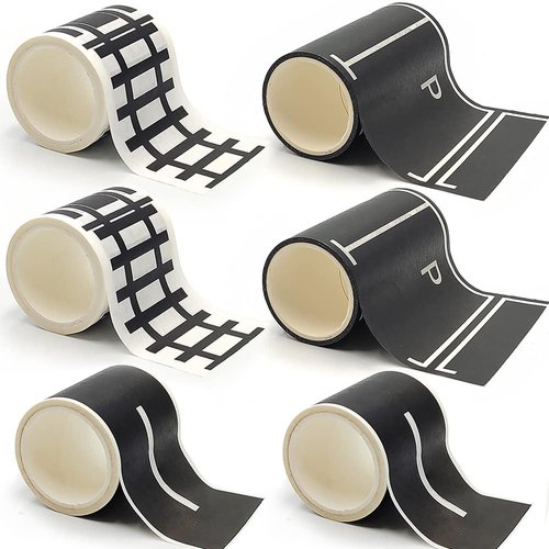 dspitwod Play Road Tape for Toy Cars Trains 6-Pack Black Car Track Tape, Parking Spot Stick to Floors and Table Flat Surface,No Residue, for Kids Gift (TAPE6)