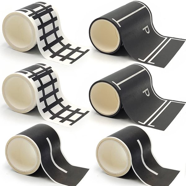 dspitwod Play Road Tape for Toy Cars Trains 6-Pack Black Car Track Tape, Parking Spot Stick to Floors and Table Flat Surface,No Residue, for Kids Gift (TAPE6)