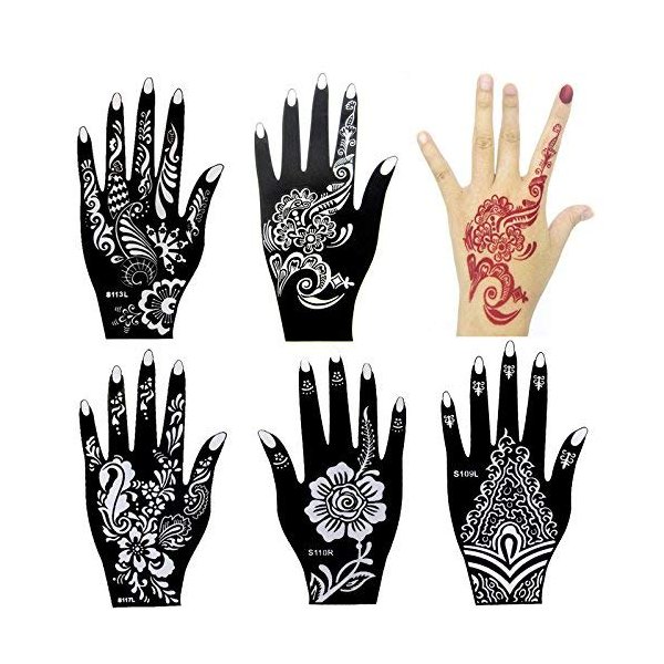 Xmasir 6 Sheets India Henna Tattoo Stencil Kit for Women Girl Hand Art Painting Temporary Tattoo Sticker Glitter Templates 7.87'' x 4''