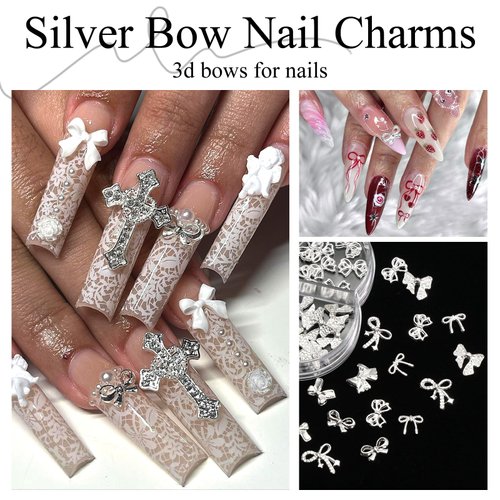 YAEISM Bow Nail Charms Silver Metal Bowknot Charms 70PCS Bow Nail Art Charms Kits with Glue Gel, Tweezer for Nail Art and DIY Crafts Decoration