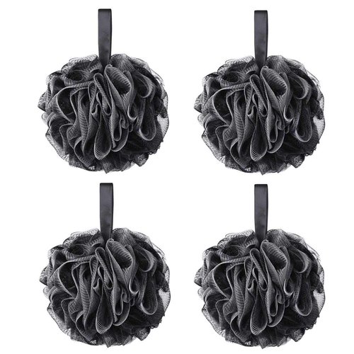 Tbestmax 75g XL Black Loofah Sponge for Exfoliating, Soft Shower Puff Bath Ball Body Scrubber Mesh Pouf 4 Set