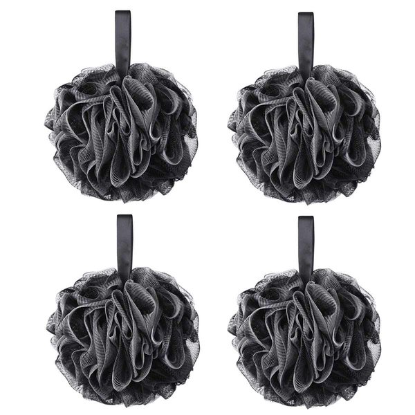 Tbestmax 75g XL Black Loofah Sponge for Exfoliating, Soft Shower Puff Bath Ball Body Scrubber Mesh Pouf 4 Set
