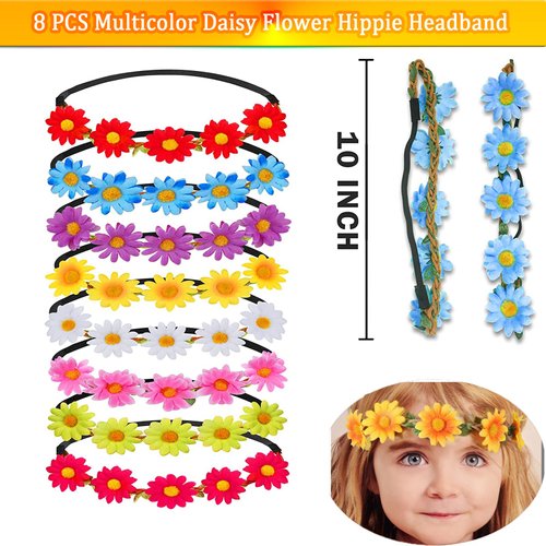 jxzdle Flower Crowns For Women,16 Pieces Multicolor Daisy Flower Headband Hippie Headbands For Women Girls With Adjustable Elastic Ribbon Floral Garland Headbands For Festival Wedding Party