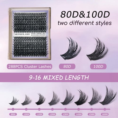 Eyelash Extension Kit 320pcs Lash Clusters Fluffy D Curl 9-16mm Mix 80D+100D Individual Lashes with Lash Bond and Seal and Remover Lash Applicator for Lash Extension Beginners by MOMOLASH