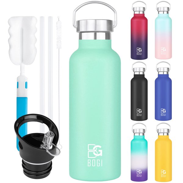 BOGI 20oz Insulated Water Bottle, Wide Mouth Stainless Steel Water Bottles Leakproof Metal Water Bottle with Straw and Handle BPA Free Steel Water Bottle for School Fitness Outdoor Sports-Mint