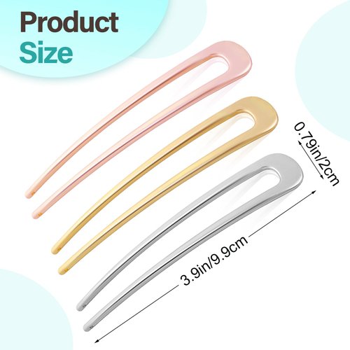 3 Pcs French Hair Pins for Women, U Shaped French Hair Pins 3.9 Inch Metal Hair Sticks for Buns, French Twist Hair Fork 2 Prong Sticks for Buns Chignons Wedding Updo Hairstyles and Top Knots